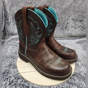 Ariat FatBaby Boots  Brown Leather Teal Blue Emboidery Women's Size 10